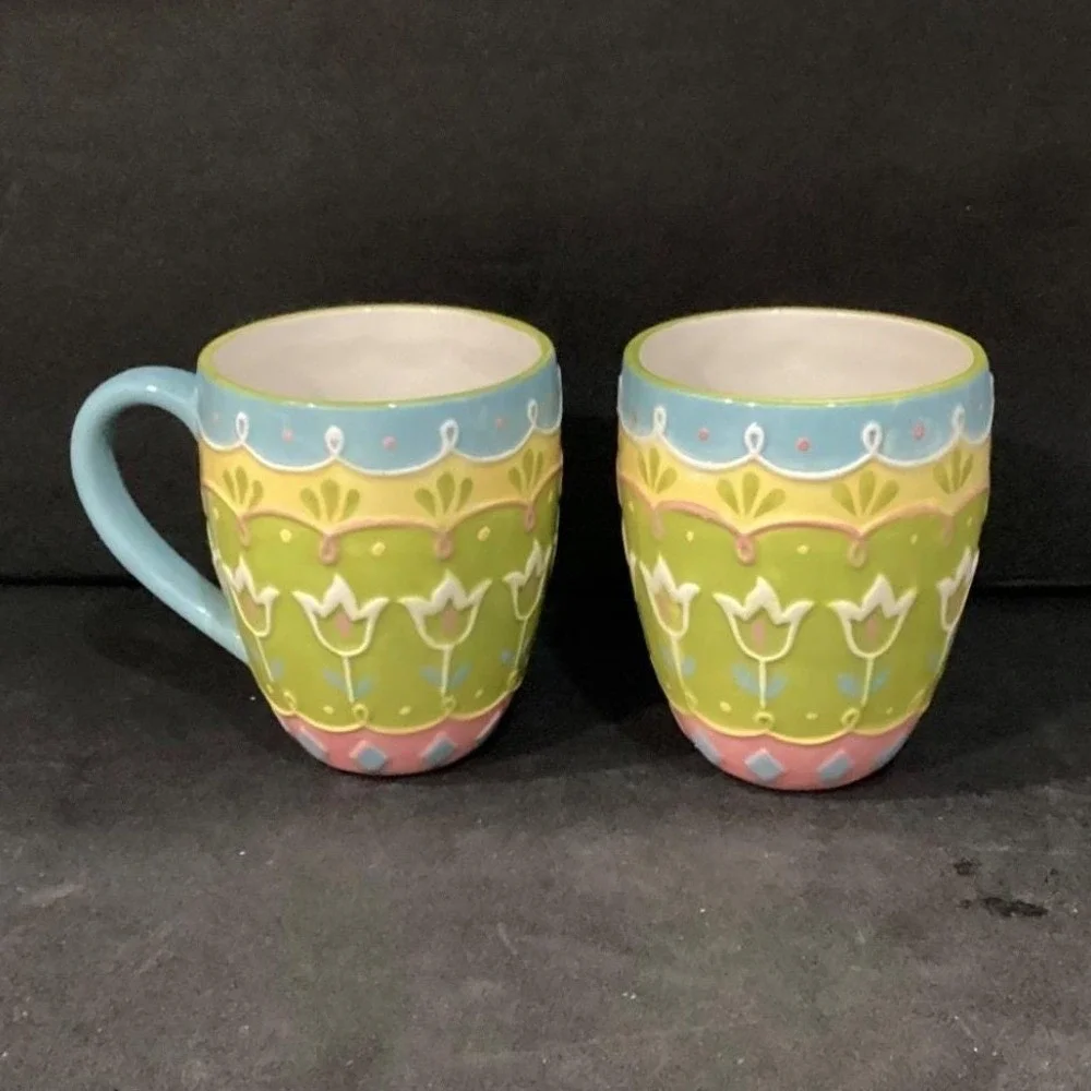 Pier 1 Imports Easter Egg Mugs, Set of‎ 2, 3D Textured Ceramic Coffee Cups